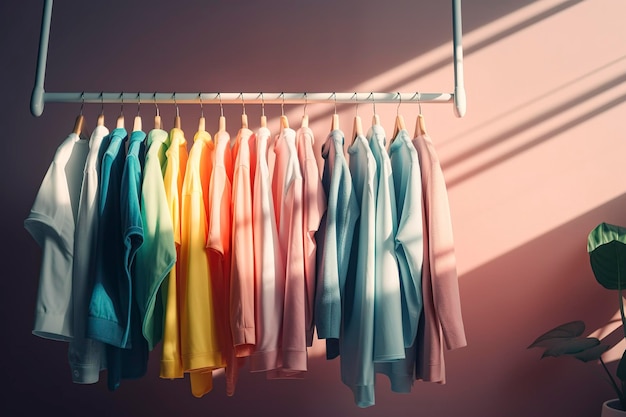 Kolorowe ubrania na stojaku odzieżowym Pastelowa kolorowa szafa w sklepie na zakupy lub w sypialni Kolor tęczy wybór ubrań na wieszakach Koncepcja szafy domowej Obraz generowany przez AI