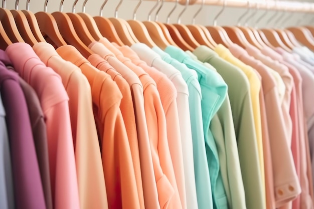 Kolorowe ubrania na wieszaku pastelowa kolorowa szafa w sklepie lub sypialni kolor tęczy wybór ubrań na wieszakach obraz koncepcyjny szafy domowej AI Generative