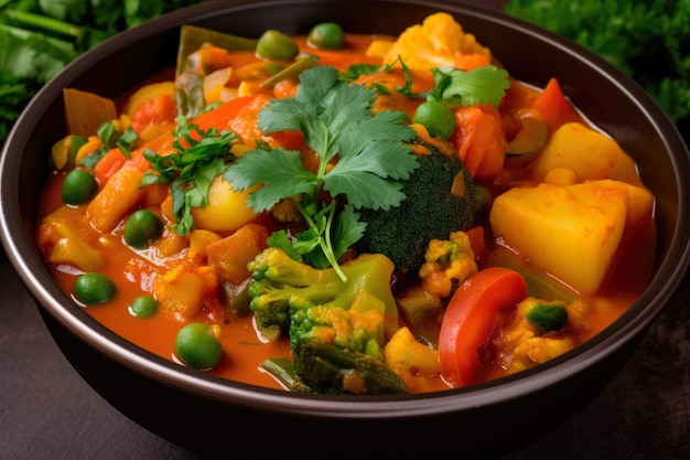 Kolorowe warzywne curry z różnymi świeżymi warzywami w bogatym sosie na bazie pomidorów