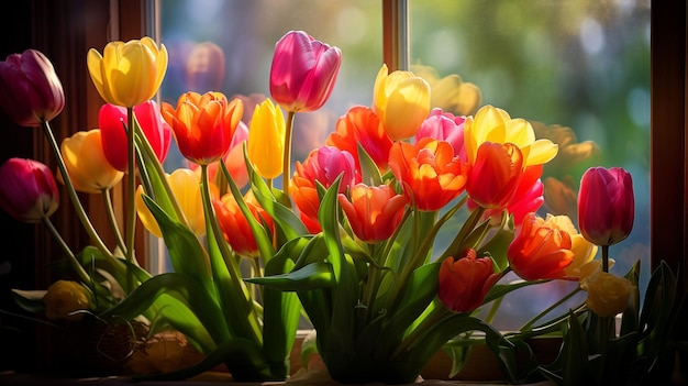 Kolorowe wiosenne kwiaty tulipanów
