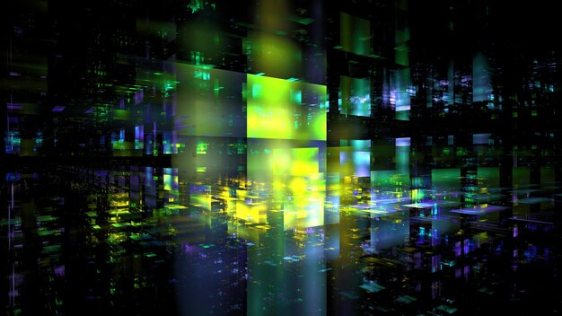 Kolorowe wzory światła i kształty geometryczne tworzą dynamiczny abstrakcyjny krajobraz, który wywołuje poczucie głębi i ruchu Futuristyczne środowisko z żywymi odcieniami 3d render