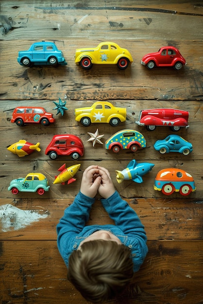 Kolorowe zabawki z cyny wyświetlane na drewnianej powierzchni przedstawiające nostalgię i radość z dzieciństwa