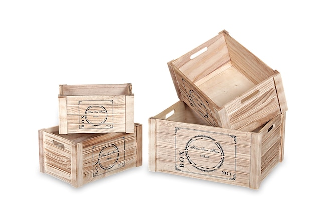Kolorowe zabytkowe drewniane pudełka z napisami i rysunkami