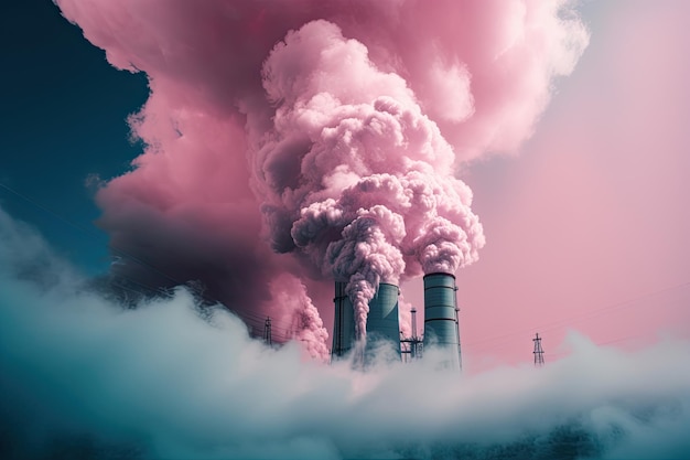 Kolorowe zanieczyszczenia z zakładów produkcyjnych Różowy dym Generacyjna sztuczna inteligencja
