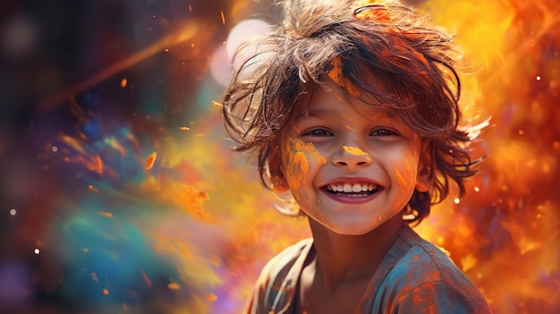 Kolorowe zdjęcie chłopca na festiwalu Holi Generative Ai