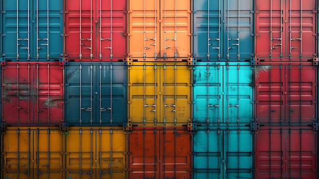 Kolorowe zestawy kontenerów ładunkowych porządnie ułożonych w rzędach