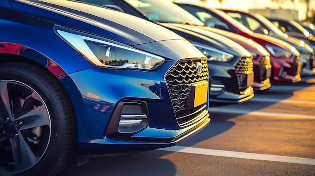 Kolorowe zupełnie nowe kompaktowe pojazdy na sprzedaż oczekujące na parkingu dealera
