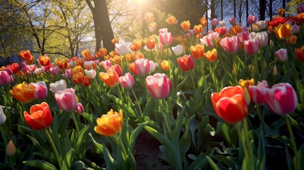 Kolorowi tulipany w ogródzie