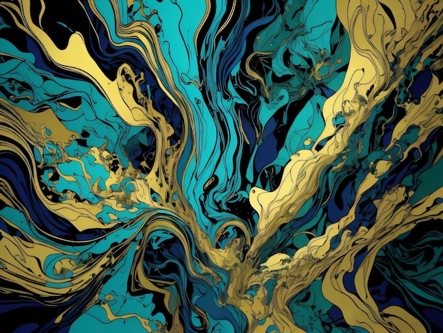 Kolorowy abstrakcyjny obraz w kolorach złota i błękitu.