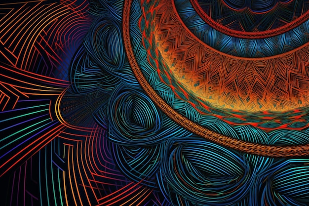 Kolorowy abstrakcyjny obraz ze spiralnym wzorem pośrodku.