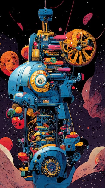 Kolorowy abstrakcyjny rysunek maszyn tworzących planety i bąbelki w przestrzeni wyobraźni
