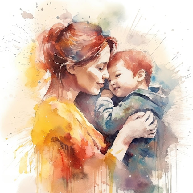 Kolorowy akwarel przedstawiający matkę z dzieckiem