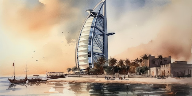 Kolorowy akwarelowy rysunek sylwetki miasta Dubai