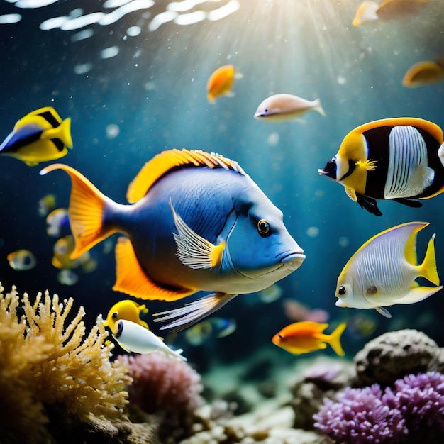Kolorowy akwarium z różnymi kolorowymi rybami pływającymi