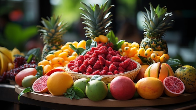 Zdjęcie kolorowy asortyment owoców tropikalnych na targu