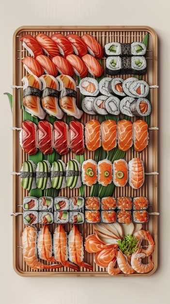Kolorowy asortyment rolek sushi na prostokątnej drewnianej desce do cięcia z pałeczkami do jedzenia i potrawą z sosem sojowym