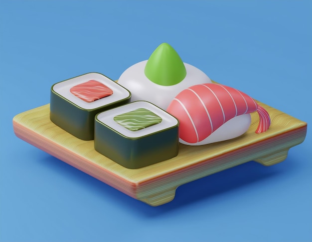 Kolorowy asortyment stylizowanych sushi ułożonych na drewnianej płytce