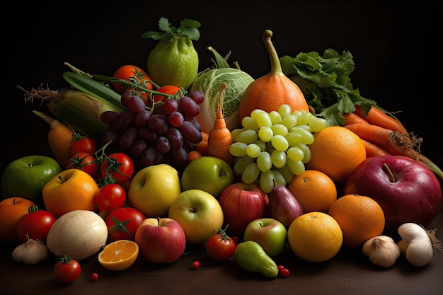 Kolorowy asortyment świeżych owoców i warzyw wyświetlany na drewnianym stole Generative AI