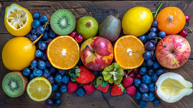 Kolorowy asortyment świeżych owoców, w tym jagody, cytrusowe i tropikalne odmiany na drewnianym