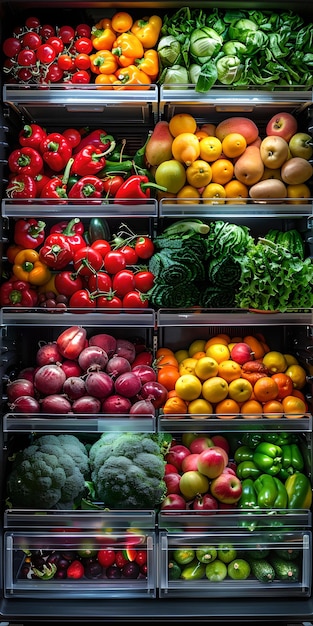 Kolorowy asortyment świeżych warzyw i owoców w lodówce zorganizowany zdrowe jedzenie AI