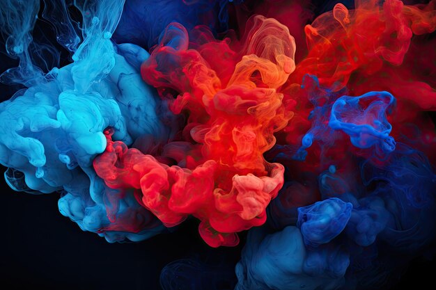 Kolorowy atrament w wodzie na czarnym tle Abstrakcyjne tło Akrylowe niebieskie i czerwone kolory w wodzie Plama atramentu Abstrakcyjne czarne tło AI Generated
