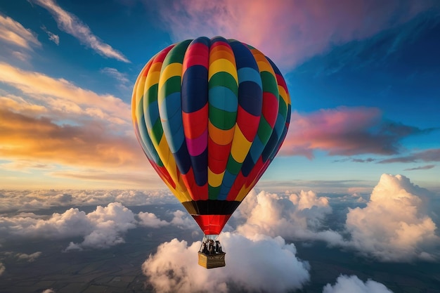 Zdjęcie kolorowy balon na gorący powietrze pływający nad chmurami