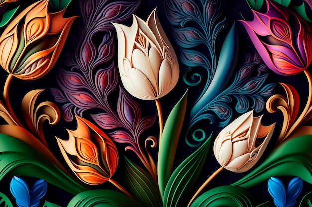 Kolorowy bezszwowy wzór z generatywną sztuczną inteligencją tulipanów