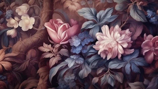 Kolorowy bukiet kwiatów namalowany na ścianie Generative ai