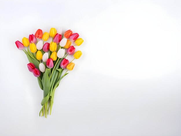 Kolorowy bukiet kwiatów tulipana na białym tle z jasnego drewna