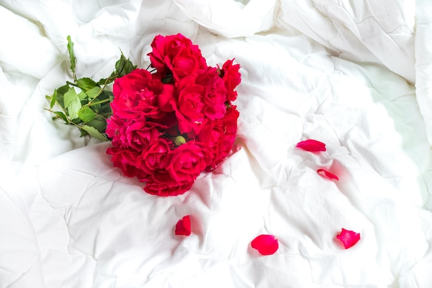 Kolorowy bukiet kwiatów z czerwonych róż na białym tle Zbliżenie