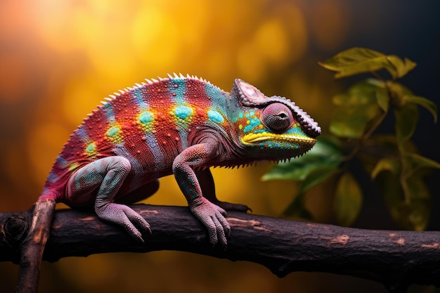 Zdjęcie kolorowy chameleon siedzący na gałęzi w lesie kolorowy kameleon siedząc na gałąź na rozmytym tle przyrody ai generowane