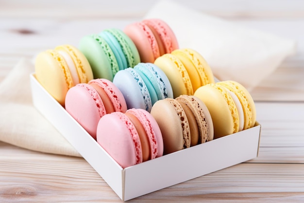 Kolorowy deser macarons w pudełku na drewnianym tle