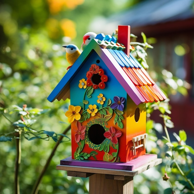 Zdjęcie kolorowy domek dla ptaków na świeżym powietrzu