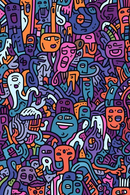Kolorowy doodle z wieloma twarzami i twarzami.