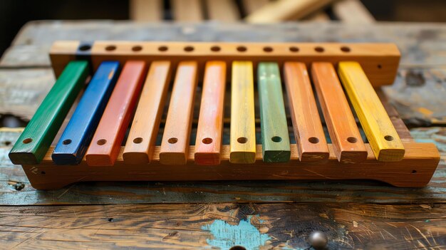 Zdjęcie kolorowy drewniany ksylofon na drewnianym stole ksylofon ma 12 prętów w różnych kolorach