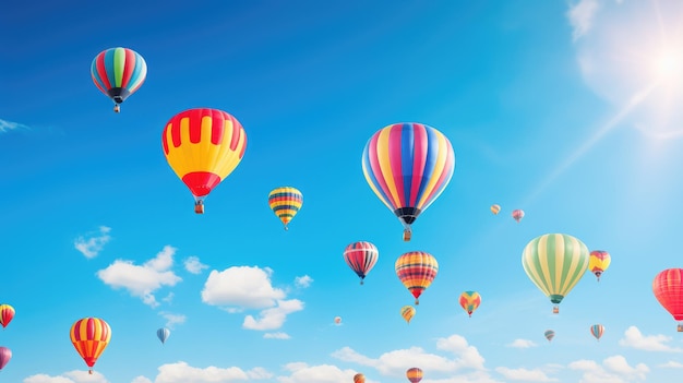 Kolorowy festiwal balonów na gorące powietrze na tle jasnego niebieskiego nieba