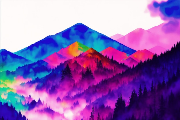 Kolorowy górski krajobraz z górą w tle.
