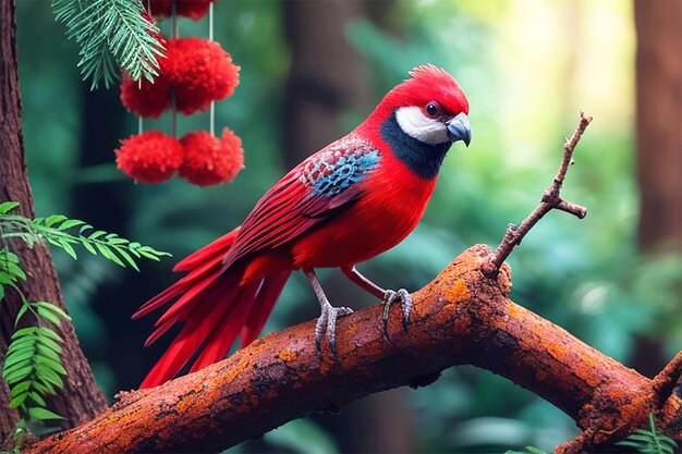 Zdjęcie kolorowy i czerwony ptak na gałęzi w lesie