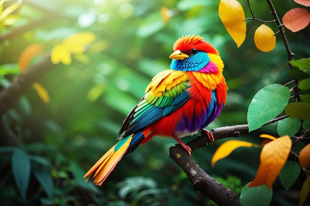 Kolorowy i czerwony ptak na gałęzi w lesie