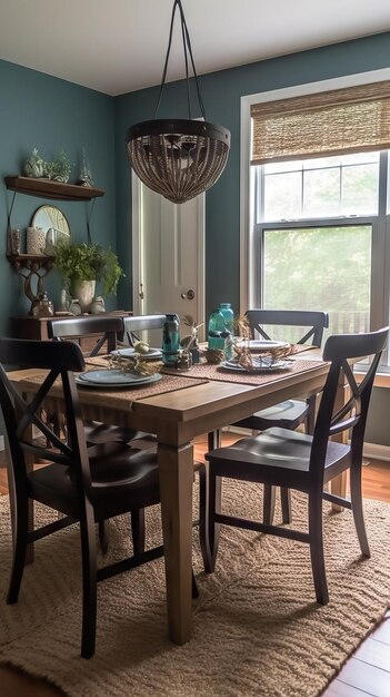 Kolorowy i eklektyczny salon ze stołem jadalnym inspirowanym nowoczesnym designem z połowy wieku marzycielski