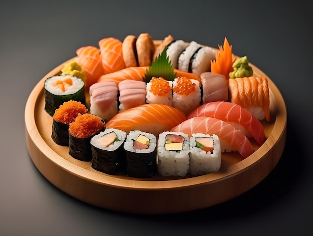 Kolorowy i smaczny talerz sushi z różnymi bułkami i nigiri Generative AI