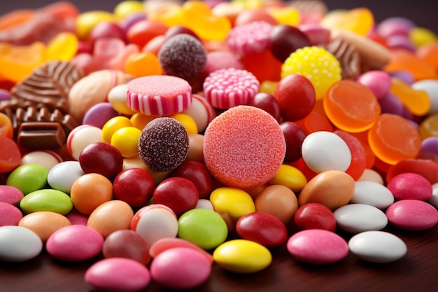 Kolorowy i smaczny zestaw czekoladowych lub owocowych słodyczy
