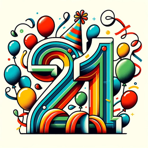 Kolorowy i zabawny projekt graficzny na 21 urodziny z numerem 21 z balonami, kapeluszami i nutami muzycznymi ucieleśniającymi radosną atmosferę świętowania