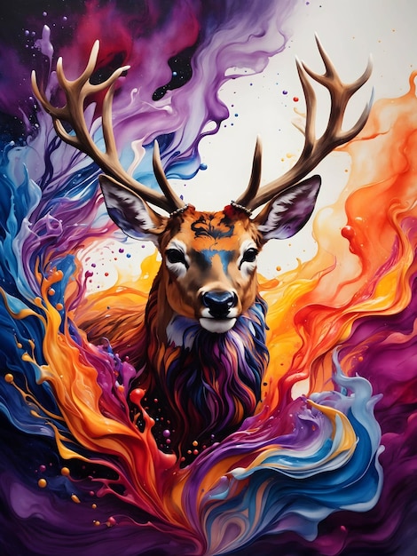 Kolorowy jeleń malujący tętniącą życiem grafikę przedstawiającą jelenia w odrobinie farby