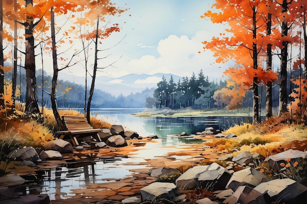 Kolorowy jesienny krajobraz z lasem rzecznym i zachodem słońca Cyfrowy obraz akwarelowy