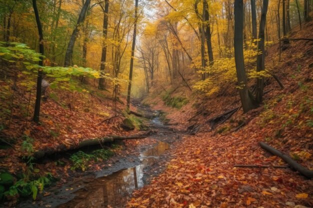 Kolorowy jesienny las z długimi szlakami, strumieniami i wodospadami stworzonymi za pomocą generatywnej sztucznej inteligencji