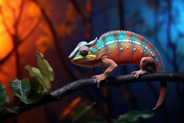 Kolorowy kameleon na gałęzi w lesie Zbliżenie Kolorowy kameleon na gałęzi na rozmytym tle przyrody Wygenerowano sztuczną inteligencję