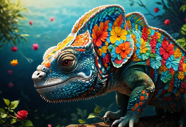 Zdjęcie kolorowy kameleon w kwiatach generatywna sztuczna inteligencja