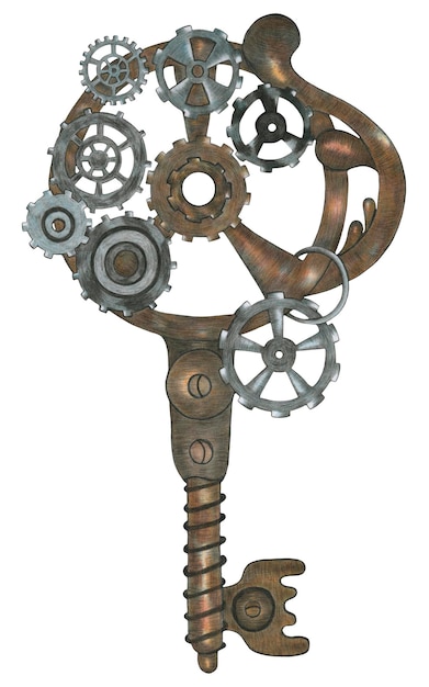 Kolorowy klucz steampunk ręcznie rysowany klucz ilustracyjny narysowany kolorowymi ołówkami