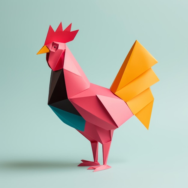 Kolorowy kogut origami, zabawna minimalistyczna rzeźba Patricka Browna